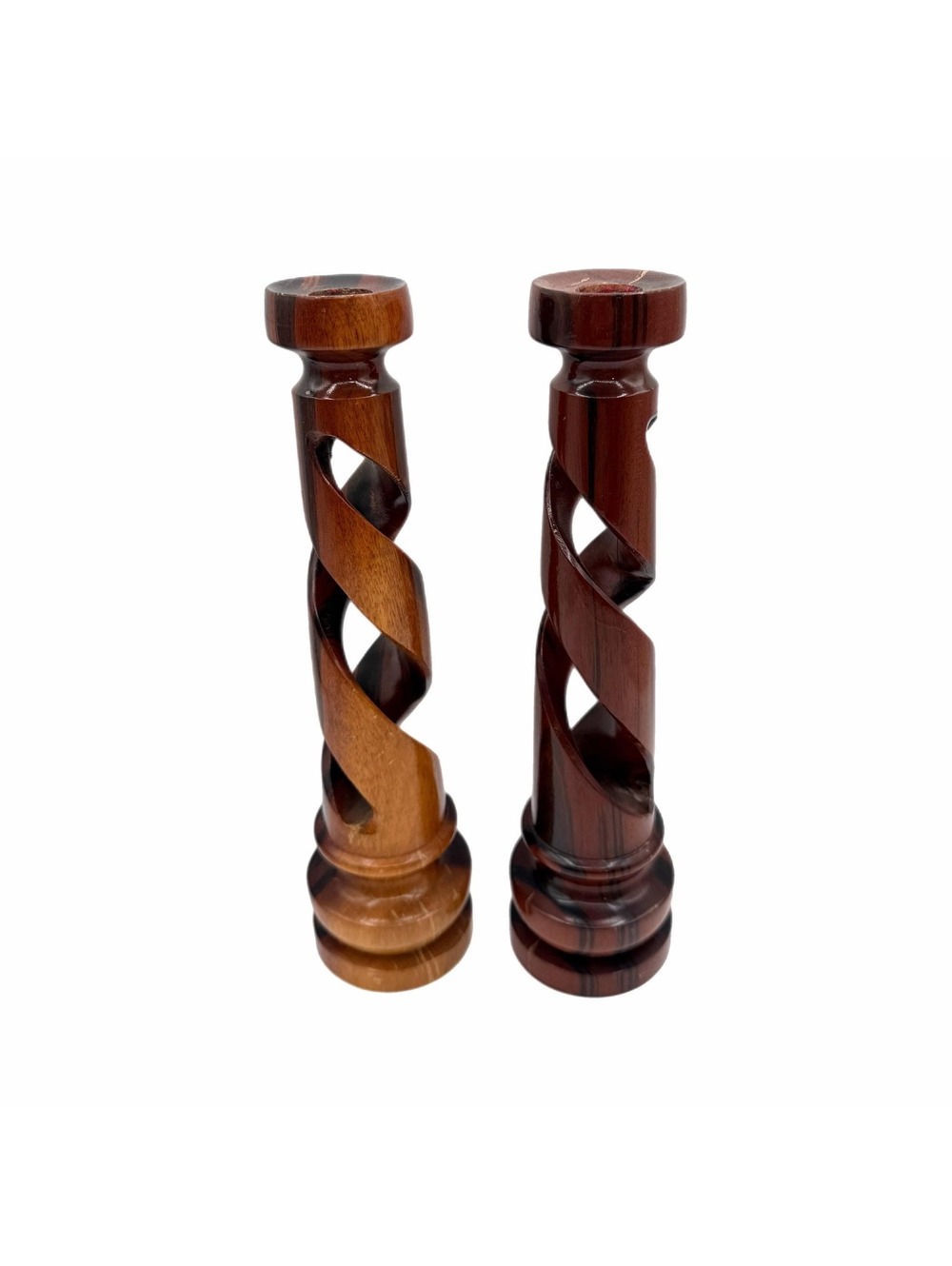 Set of 2 Vintage Hand-Carved 11” Twisted Wood Candlestick Holders – Dark Wood